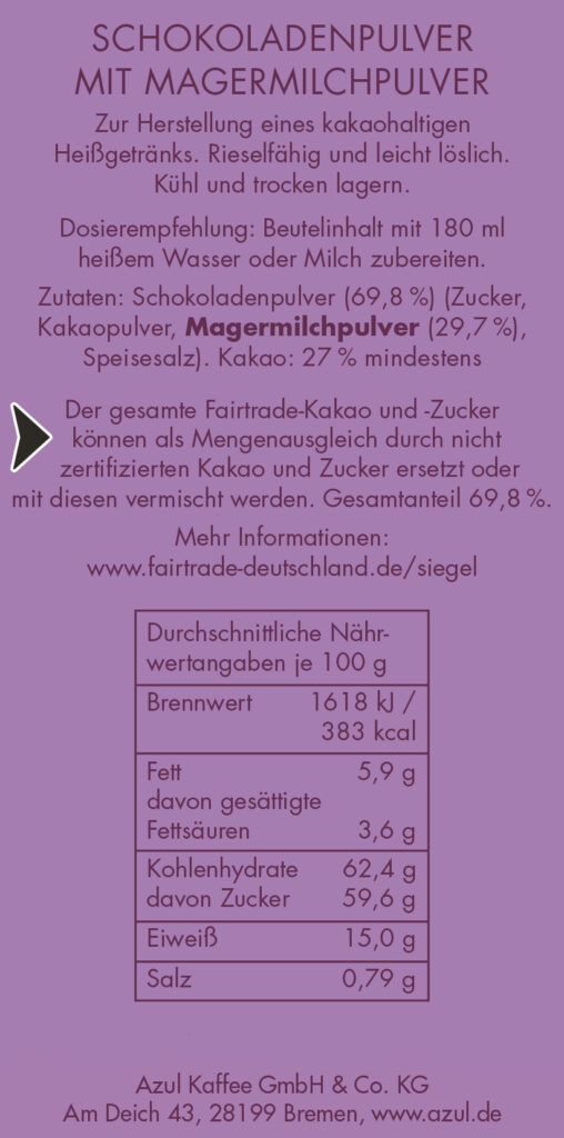 AZUCO Cacao con leche Zutaten und Nährwerte