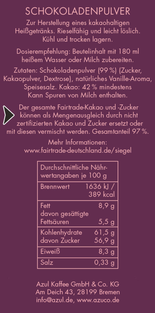 AZUCO Cacao intenso Zutaten und Nährwerte