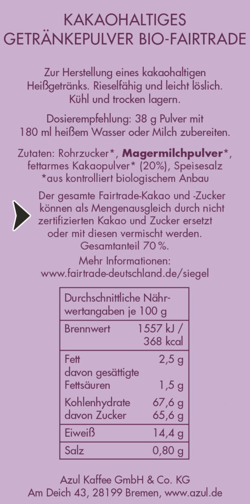 AZUCO Cacao Bio Fairtrade Zutaten und Nährwerte