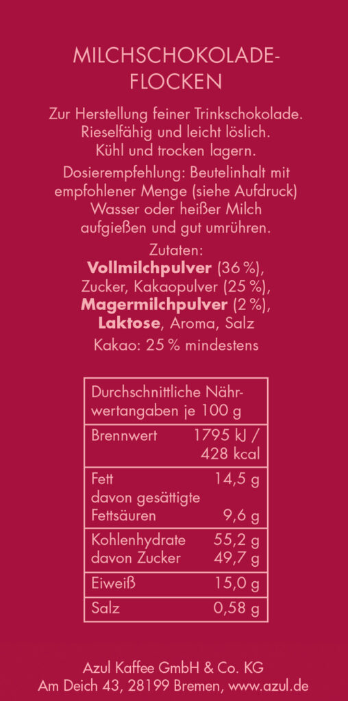 AZUCO Vollmilch Zutaten und Nährwerte